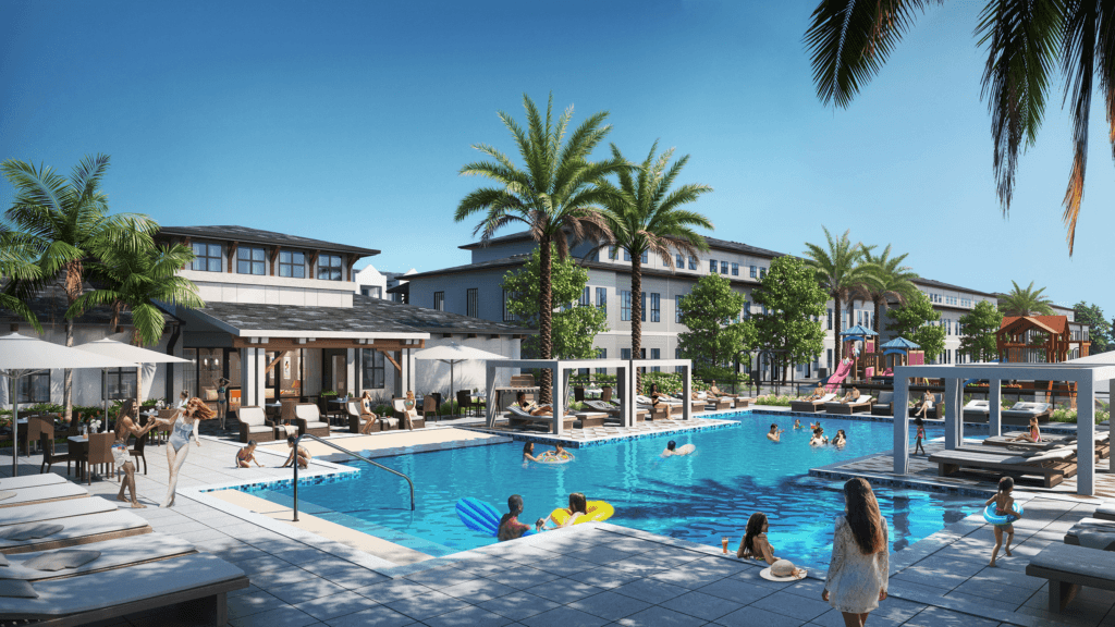 RISE Citrus Ridge elevated design townhomes in Davenport, Florida pool with lounge area and playground