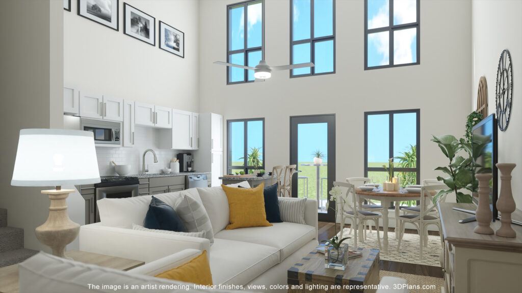 RISE Citrus Ridge elevated design townhomes in Davenport, Florida in-unit living room looking into the kitchen