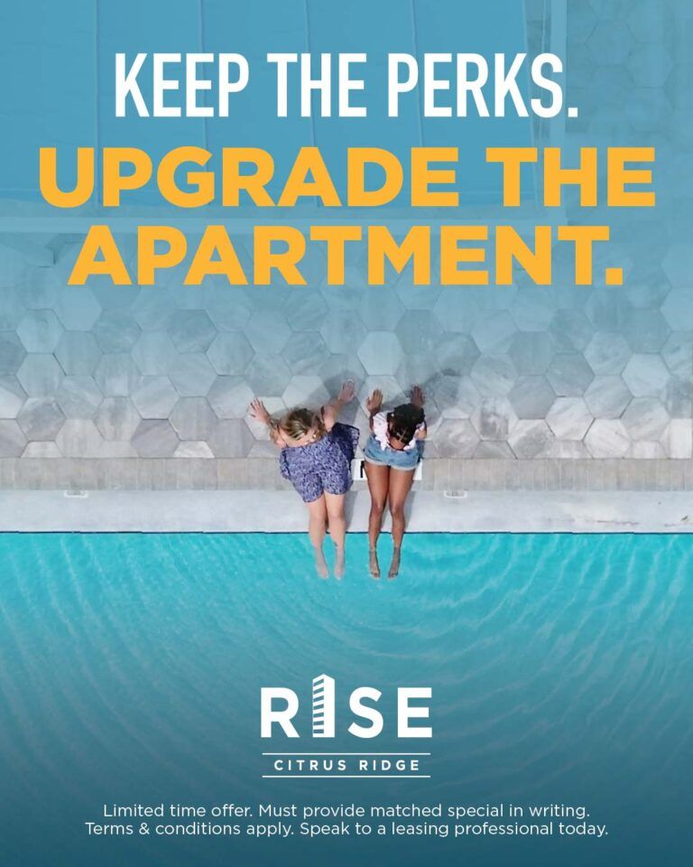 Upgrade announcement at Rise Citrus Ridge apartments with pool view, highlighting perks and luxury living options.