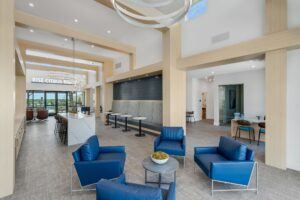 RISE Citrus Ridge elevated design townhomes in Davenport, Florida: Clubhouse Lobby with Modern Seating